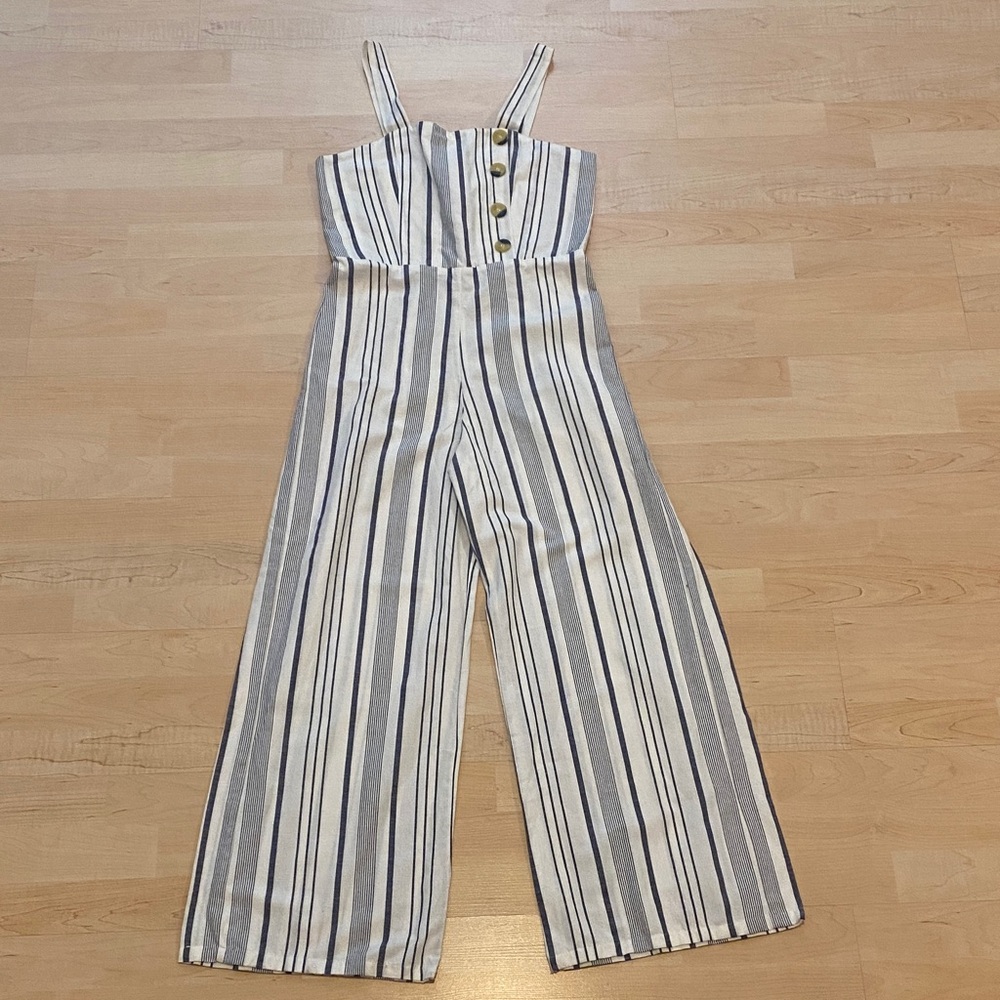 Francesca’s Angie Blue White Striped Wide Leg Jumpsuit NWT Small